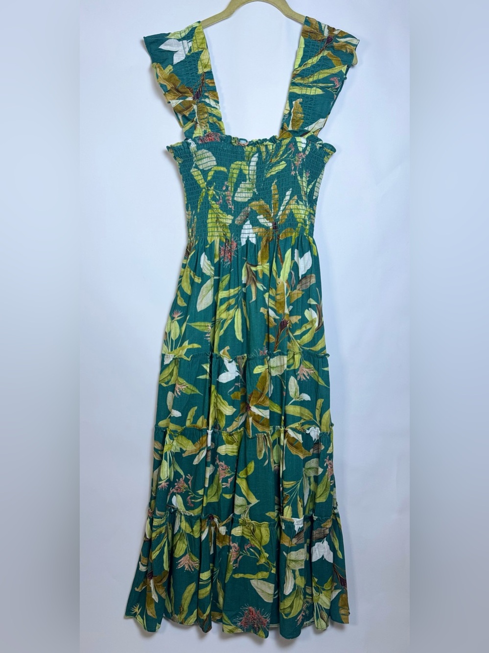 Few Moda Kourt Calypso Maxi Dress L Tropical Linen Blend Smocked Pockets